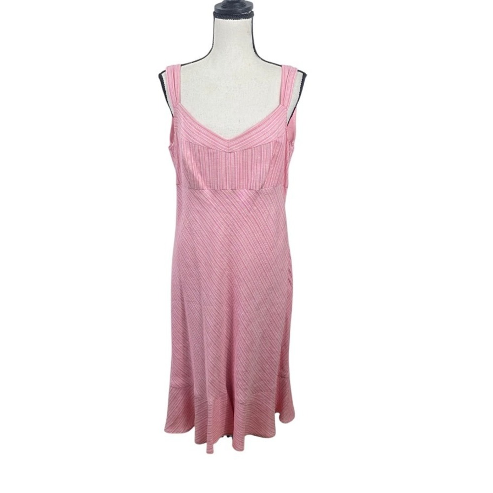 Ann Taylor Loft Dress Women 12 Pink Striped Linen Blend Sleeveless Midi Ruffle